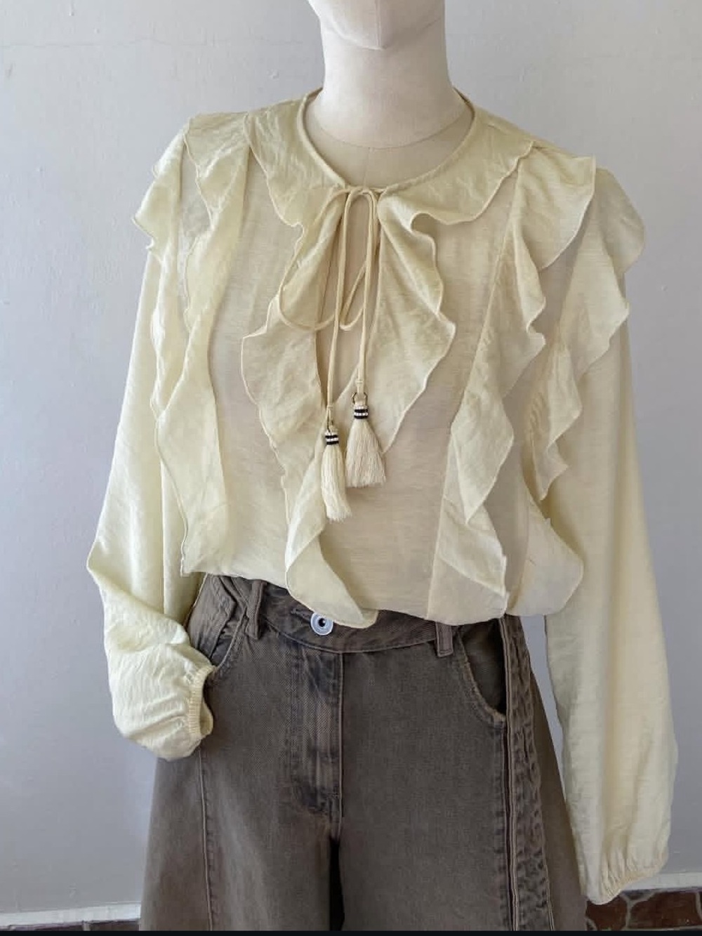 Zara Cream Ruffle Tie-Neck Blouse